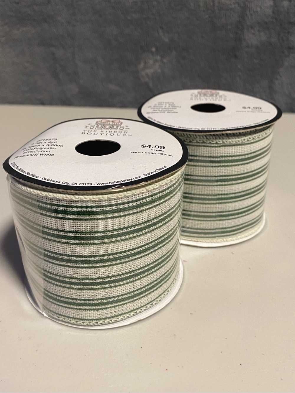 Set of 2 NWT Green and Cream Stripe Ribbon Spools